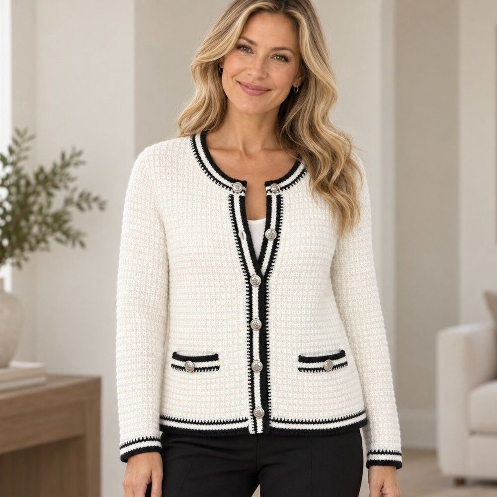 J Jill Wearever Contrast Trim Jacket Textured Knit Cardigan White Sz SP Parisian